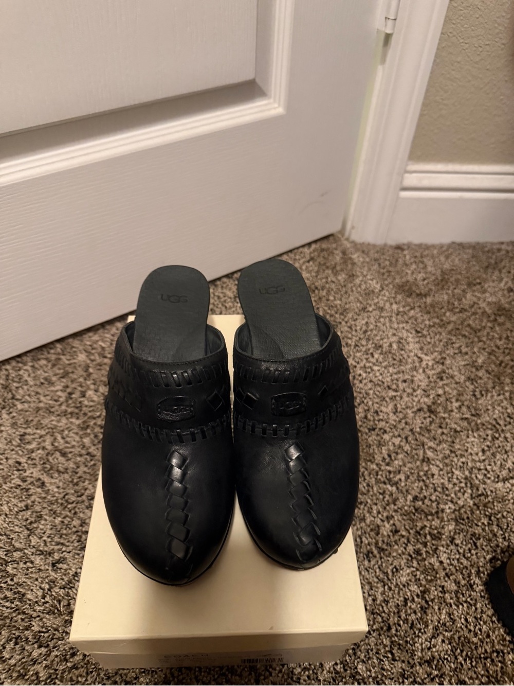 UGG Black Leather Slip-On Mules with Braided Detail